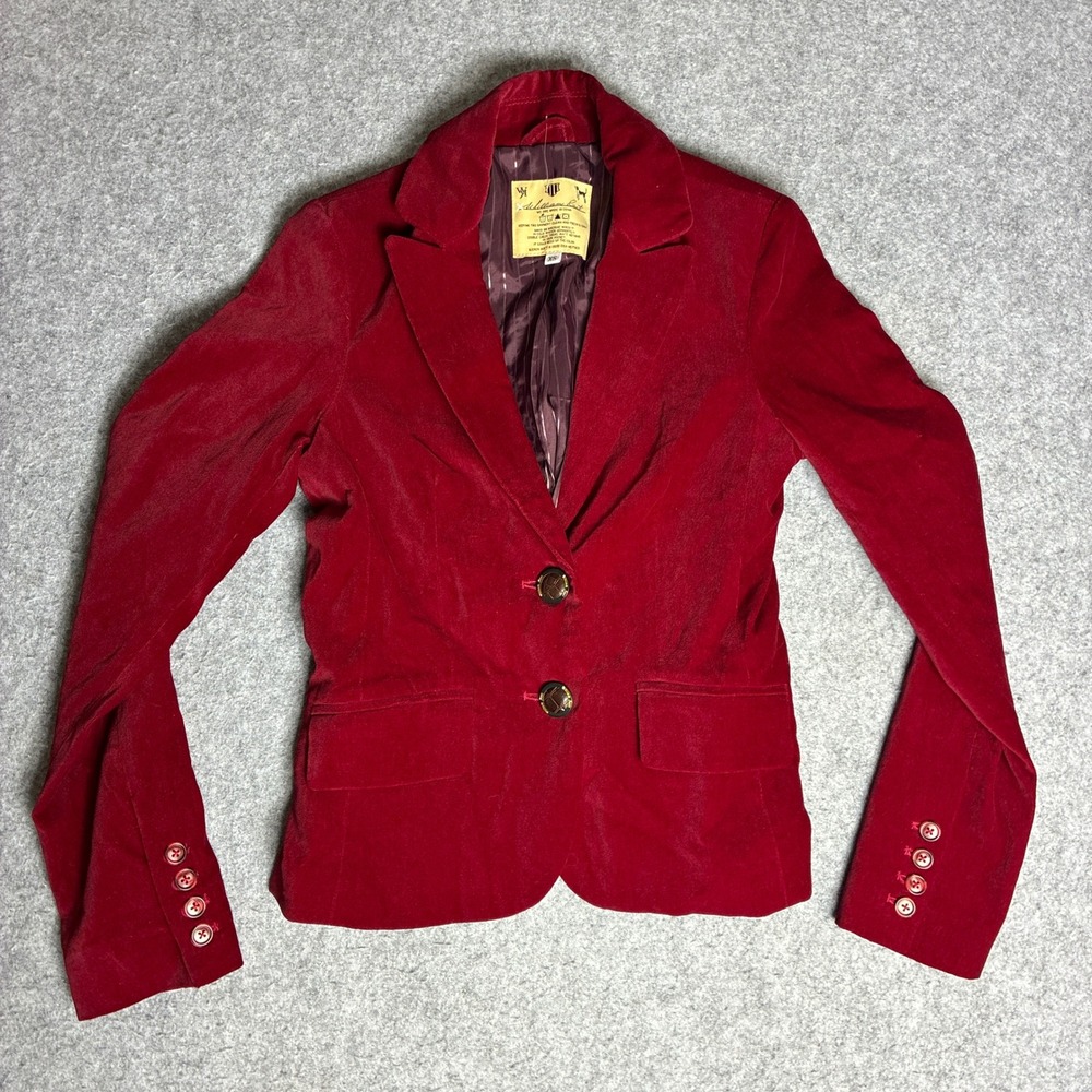 William Rast Red Cotton Velvet Blazer Jacket XS Notched Lapel Pinstripe Lining
